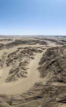 Aerial view, dry barren mountains in Moon Valley, rocky landscape ridged by erosion, Namib-Naukluft