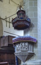 Pulpit, base from 1596, the sound cover is baroque from 1754, three-nave hall church, Birthälm
