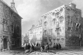 Street scene in Galway, County Galway, Ireland, marketplace with saleswomen, full basket, horse