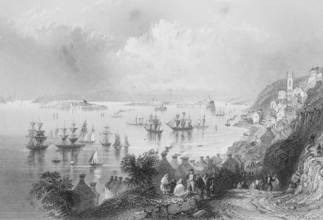 Cove or Cobh Harbour, County Cork, South Ireland, bay, Atlantic, escarpment, village with church,