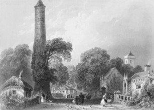 Street scene of a small town in Ireland, peaceful life, village idyll, dirt road, round tower,
