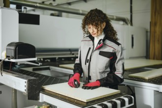 Woman sticks a label with the article on a sawn wooden sheet. She works in a furniture workshop,