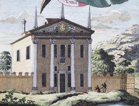 Palazzo, Moncelice, hand-colored copper engraving or copper etching by Johann Christoph Volkamer or