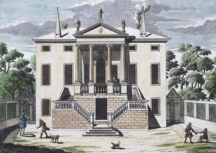Palazzo, Este, hand-colored copper engraving or copper etching by Johann Christoph Volkamer or