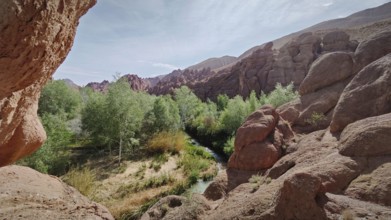 Idyllic landscape with a river surrounded by lush vegetation and impressive rock formations,