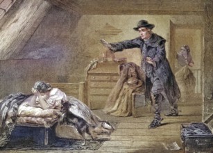 In the attic, woman sad, man and dog rush to comfort her, great sorrow, grief, fear, situation at