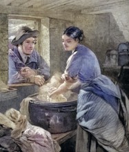 Woman doing housework, washing clothes, young man looking through the window and trying to flirt