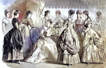 The summer fashion of the distinguished ladies in Germany around 1860, woman in gowns at home/The