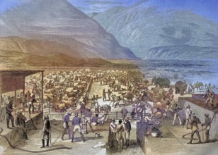 Abyssinian expedition from 1868, British troops at the waterhole in Zulla, Zula, Ethiopia,