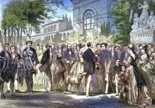 Spa garden with many people, Bad Kissingen, a spa town in the Bavarian region of Lower Franconia,