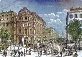 Traffic and people in the street Boulevard des Capucines, Chaussee d' Antin and the New Theatre in