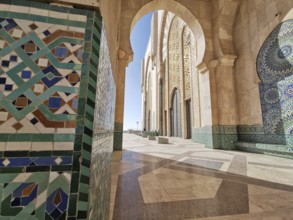 Decorative mosaics and arches of the mosque in ornate patterns, Casablanca, Morocco