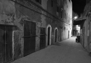 Nocturnal alley with old facades and closed door in a quiet area, monochrome, old town of