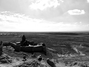 View of a vast landscape with monastery on a hill, Khor Virap, Armenia