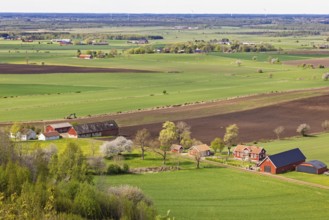 Rural farmland landscape with green fields, red farm houses, barns, dirt roads, and scattered trees