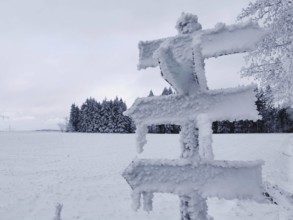 Icy trail sign covered with snow in winter with trees, Rennsteig, Frankenwald nature park Park