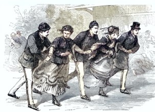 Five people ice skating, ice skating as winter fun/five people ice skating, ice skating as winter