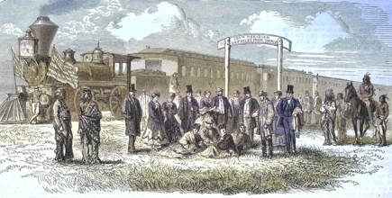 The railroad in America, here a train station in the Prairie, Union Pacific Railroad/The Railroad