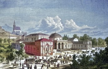 Carriages and people in front of the old bathhouse in Salzburg, Austria/coaches and people infront