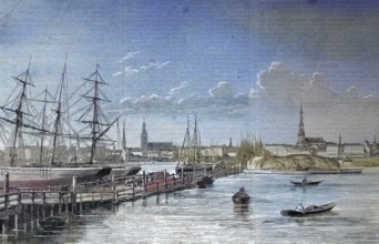 Port view of Riga, Latvia/harbour view of Riga, Latvia, historical, digitally restored reproduction