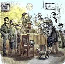 Politicians discussing in a living room, historical, digitally restored reproduction of an original