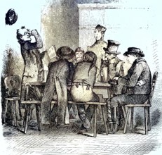 Männer in einer Bauernstube/Men in a Farm Room, historical, digitally restored reproduction of an