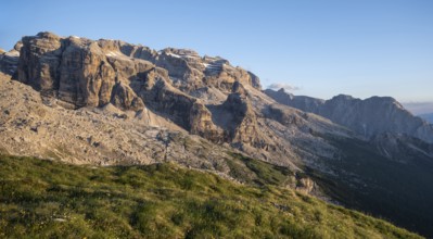 Mountain peaks of the Brenta Mountains at sunset, Alpenglühen, mountain landscape on the Grosté