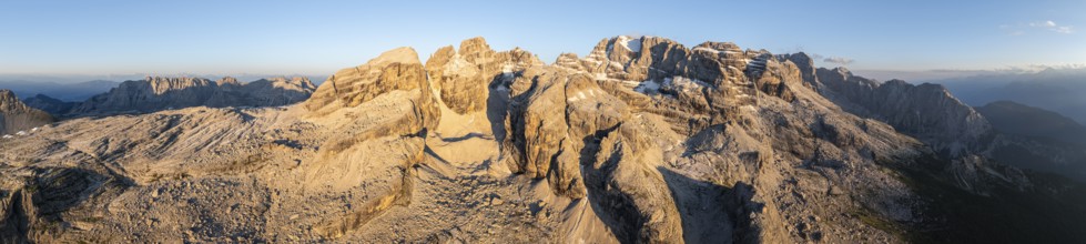 Impressive mountain peaks of the Brenta Mountains, 360 degree alpine panorama, evening mood, aerial