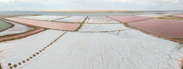 Aerial view of colorful dry pools with salt, saline near Walvis Bay, Namibia