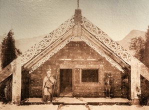 Taewahki can be seen on the right side of the porch of the meeting house, which the company J.F.G.