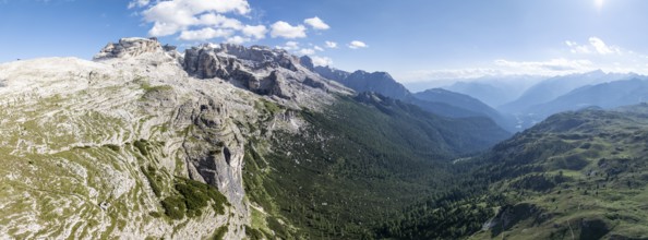 Impressive mountain peaks of the Brenta Mountains, 360 degree alpine panorama, evening mood, aerial