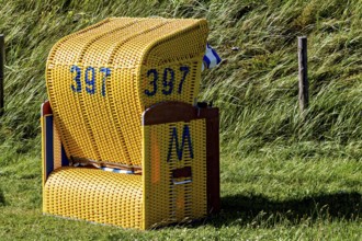 A single yellow beach chair is standing on a green lawn on a sunny summer day, beach chairs on the