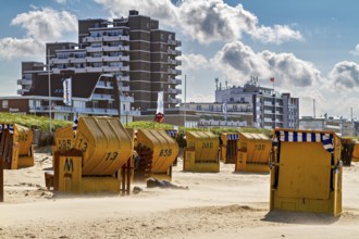 Yellow beach chairs on the beach in front of skyscrapers and a cloudy summer backdrop, beach chairs