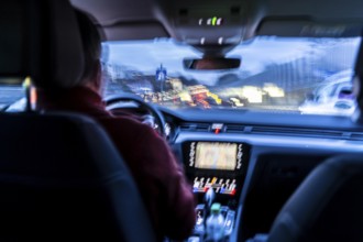 Driving on the A40 motorway, motorway access, Ruhrschnellweg, in heavy traffic, driver's