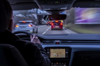 Driving in the city center, in heavy traffic, driver's perspective, Essen, North Rhine-Westphalia,