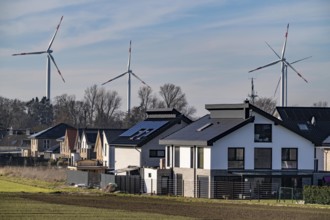 Houses in the town of Jackerath, belong to Titz im Kreis Düren, wind farm, North Rhine-Westphalia,