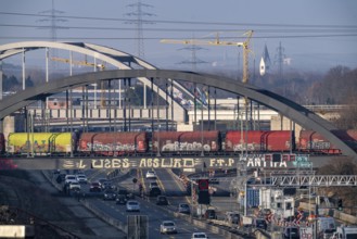 Traffic jam on the A43 motorway near Herne, heading north, in front of the barrier system, the