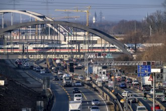 Traffic jam on the A43 motorway near Herne, heading north, in front of the barrier system, the