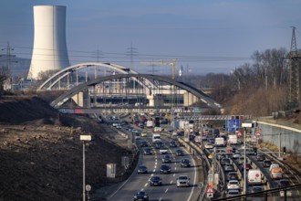 Traffic jam on the A43 motorway near Herne, heading north, in front of the barrier system, the