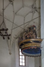 Baroque lid of the pulpit in the abandoned 16th century Protestant fortified church, Tobsdorf,