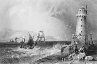 The Great South Wall pier with lighthouse, Dublin, Ireland, storm, high swell, sailships, steamers,