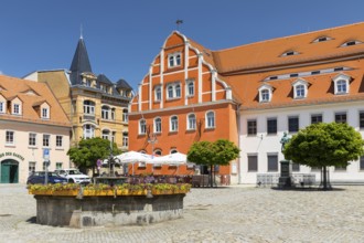 Medieval market square with town hall with Renaissance gable, monument to sculptor Ernst Rietschel