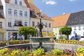 Sandstone market fountain on the medieval market square, in the background the monument to the