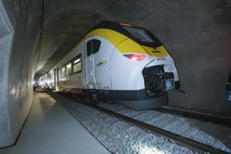 A yellow and white train goes through a gloomy tunnel, fire department exercise on the Hermann