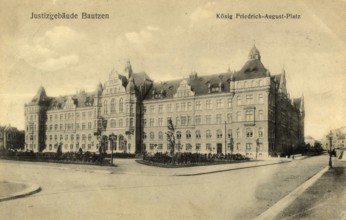 Historical postcard around 1900, Bautzen, Justizgebäude and König Friedrich-August-Platz, Saxony,
