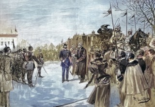 Historical illustration of Bismarck's visit to Berlin, Germany. Here is his arrival in the pleasure