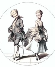 Historical illustration of a couple dancing the Pas-de-deux, a dance duet in which two