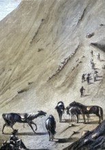 Historical illustration of the last horse station on Mount Vesuvius, Naples, Italy/Historical