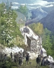 Historical illustration showing the transportation of the parts of a large cross on a mountain pass