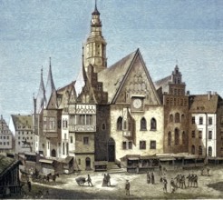 Historical illustration of the town hall of Wroclaw, Wroclaw, former German city, now Poland,
